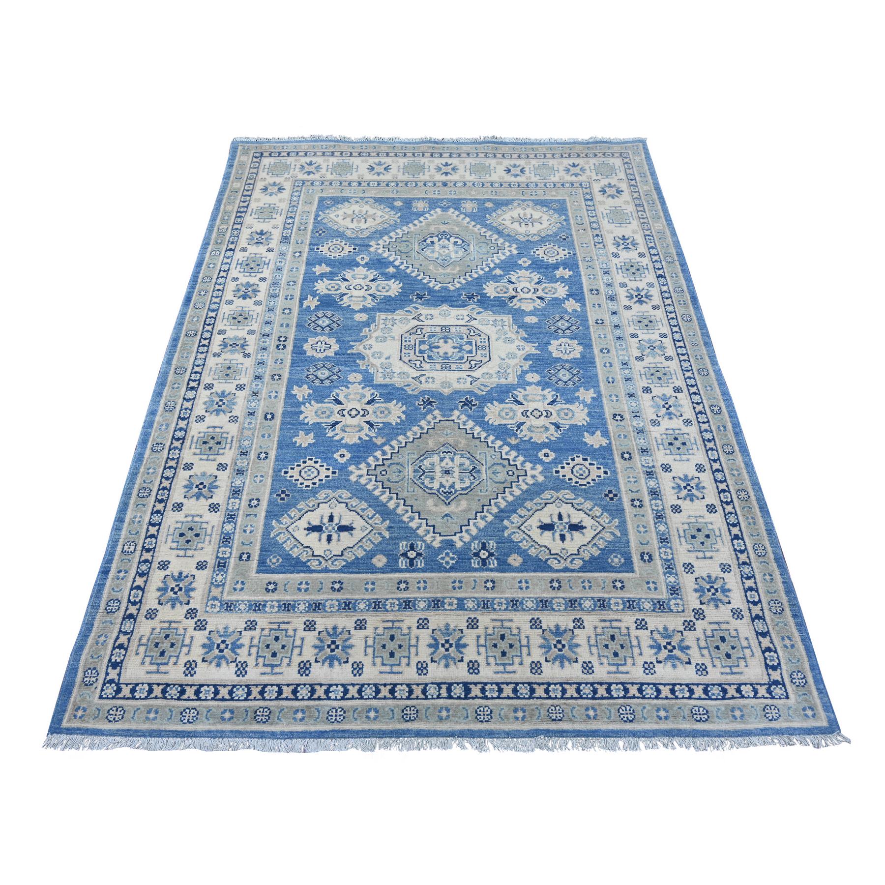 4'10"x6'8" Marlin Blue, Vintage Look Kazak with Geometric Medallions, Hand Knotted, 100% Wool, Natural Dyes, Oriental Rug 
